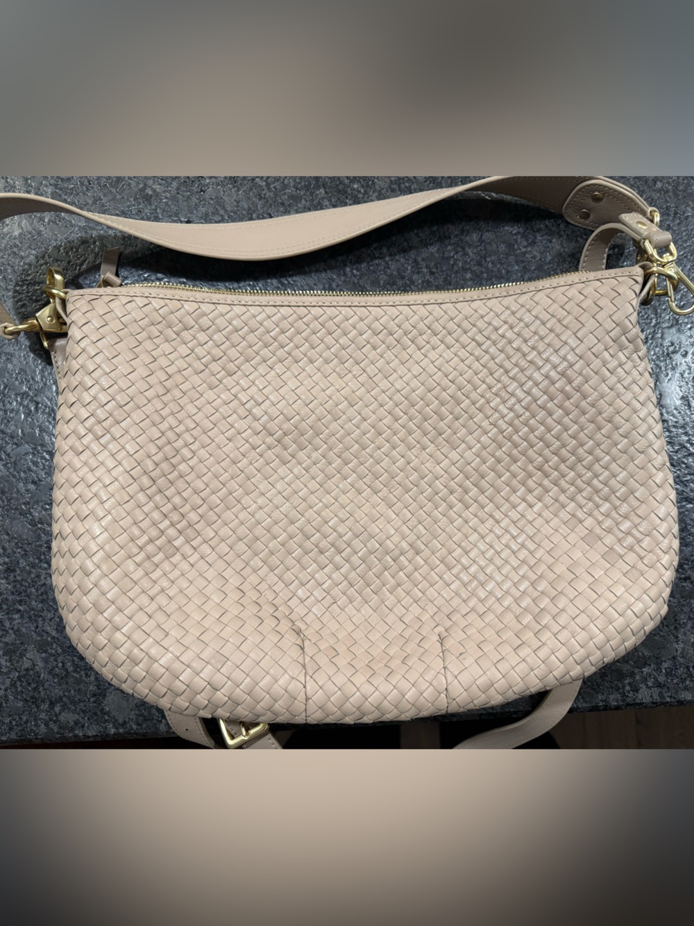 Quince Taupe Handwoven Crescent Convertible Shoulder Bag. - Picture 6 of 6
